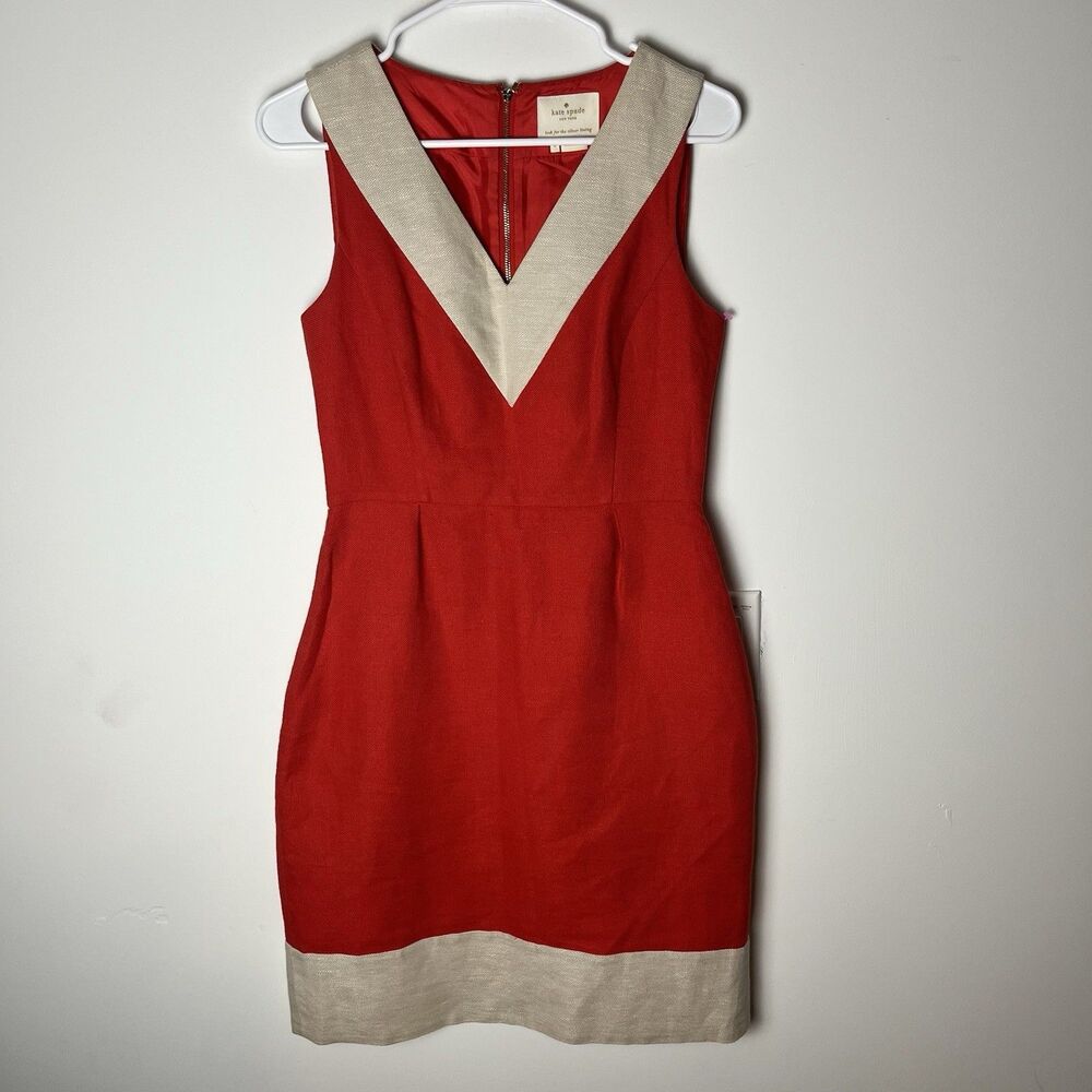 Kate Spade James Linen Sleeveless Colorblock Shift Dress Size 4 Red Beige $495 - Picture 2 of 9
